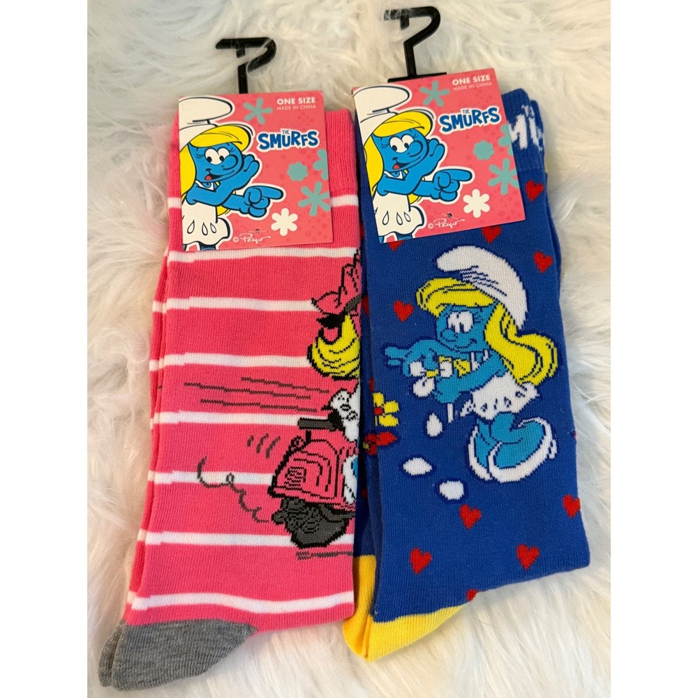 The Smurfs Smurfette Crew Socks 2 Pair Set Pink Blue Hearts Scooter NWT One Size